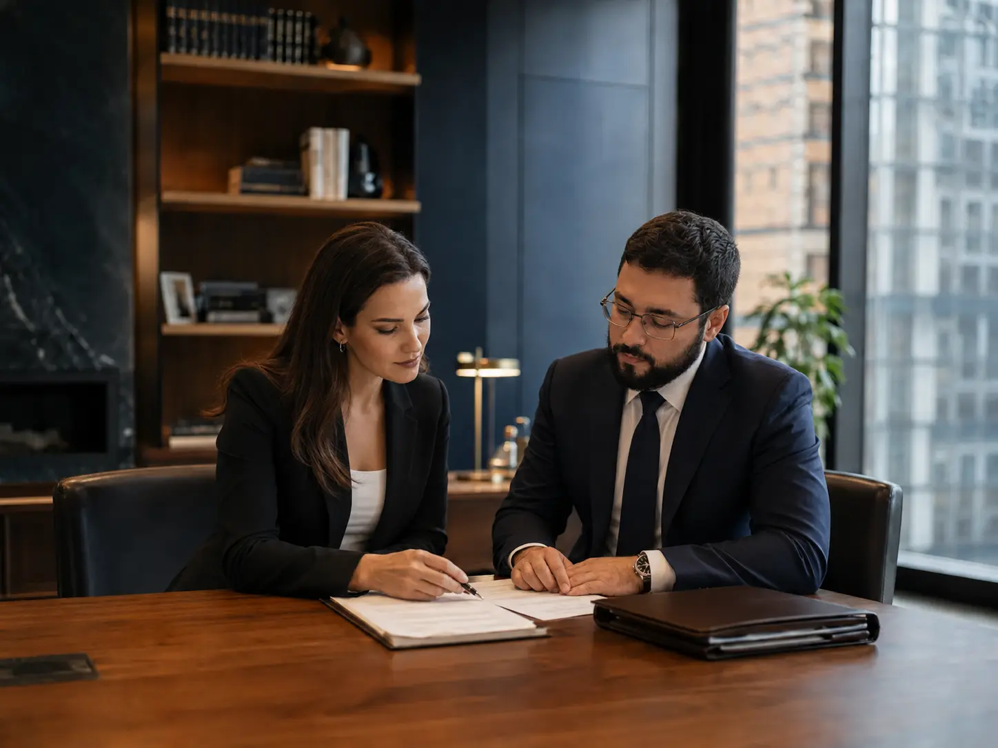 Profesionales del derecho revisando documentos juntos en un despacho de abogados
